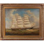 Mid-19th century English school - A three-masted ship under full sail, oil on canvas laid on board,