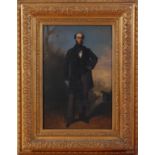19th century English school - Full length portrait of a standing gentleman within a landscape,