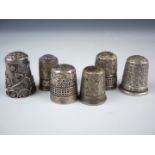 Six Victorian silver and white metal thimbles, with three by Charles Horner, including one Dorcas (