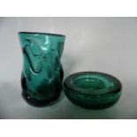 Two items of Whitefriars Glass, both in aqua, comprising pattern No 9857 Cylindrical Knobbly Vase,