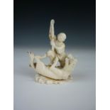 A Meiji Japanese carved ivory okimono of a hunter and wolf, character marks to base, (a/f with