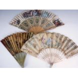 A late 19th Century painted silk fan, having mother-of-pearls sticks and guards, together with two