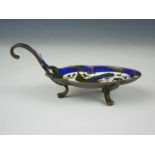 A Russian champleve enamelled 924 standard white metal caddy spoon, of Roccoco influenced for, the