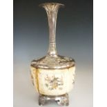 A Meiji Japanese Shibayama and cloisonné enamelled white metal bottle vase, having a slender neck