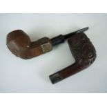 Two Boer War prisoner of war work carved briar tobacco pipes, one bearing South African Republic