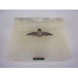 A 1940 RAF commemorative white onyx cigarette box, having enamelled silver Pilots' wings set onto