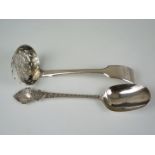 A Victorian silver fiddle pattern dredger spoon, Charles Boyton, London, 1847, together with a