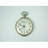 An early 20th Century nickel cased pocket watch with alarm, crown wound and pin set, the enamel face