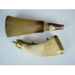 A 19th Century horn shot gun powder flask bearing applied white metal monogram, together with a