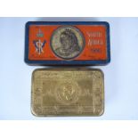 A Boer War Queen Victoria chocolate tin together with a Princess Mary 1914 gift tin and card