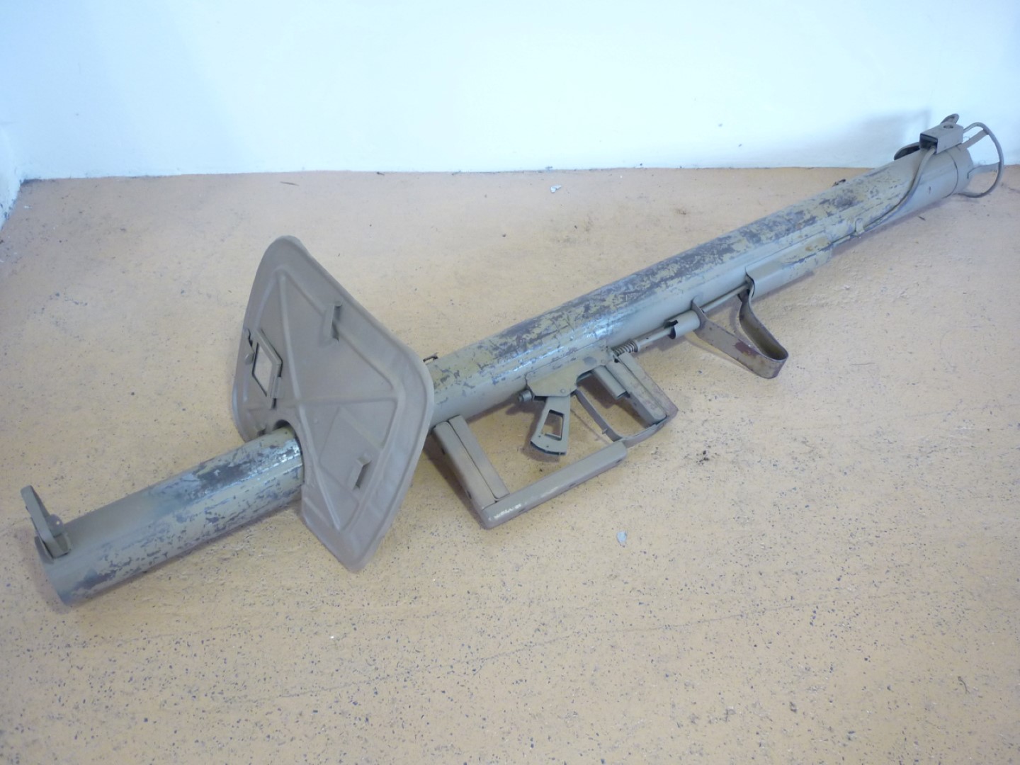 A deactivated Second World War German Panzerschreck anti-tank rocket launcher, retaining much