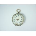 A late 19th Century lady's silver cased fob watch, having key wound lever movement, decorative white