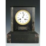 A Victorian variegated marble and black slate mantel clock, the two-train movement striking on a