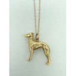 A 9ct gold pendant modelled in the form of a greyhound, on a fine belcher link neck chain