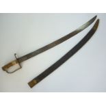 A George III Naval cutlass, having brass stirrup hilt with antler grip, double fullered curved