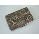 A Danish electroplate snuff box, the hinged lid decoration in a raised depiction of Oriental figures