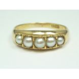 A Victorian 18ct gold and pearl sentimental ring, comprising five graded gemstones, each being