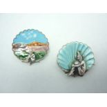 Two enamelled white metal brooches modelled as pixies and shells, approx. 3 cm