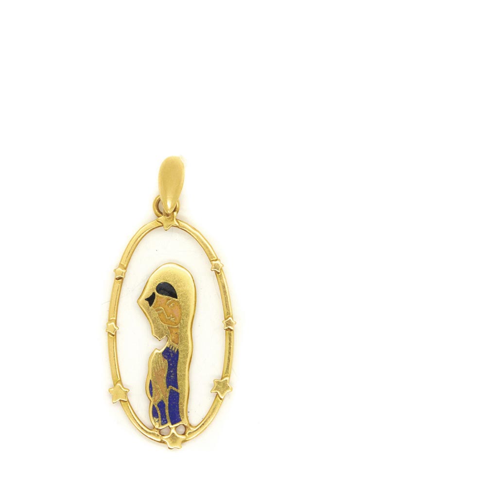 Gold and enamel pendant Colgante en oro con representación de la Virgen en esmalte azul y negro.,