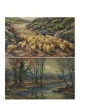 Landscape with river and Shepherd with flock. Pair oils on panel Jacint Conill (Vic, 1914-1992)