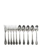 Set of five spoons and five forks. Stamped silver. Juego de cinco cucharas y cinco tenedores en