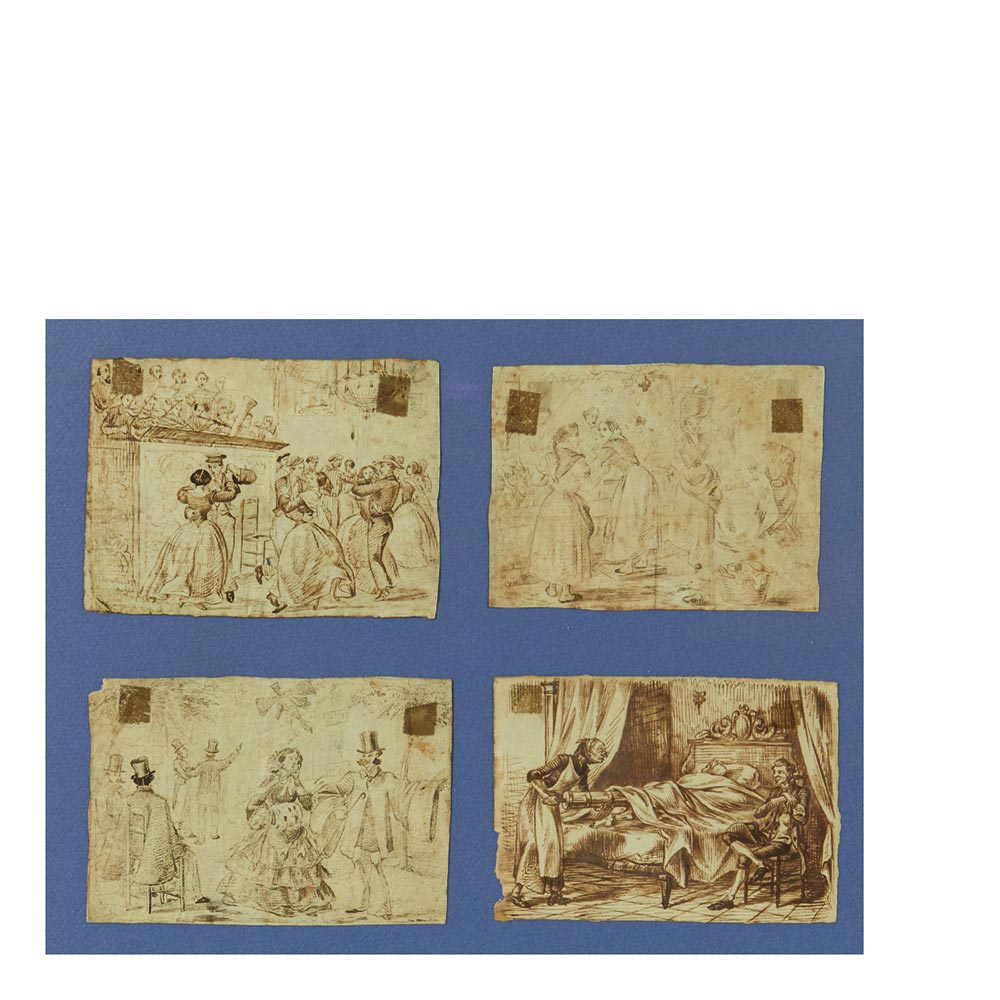 Escuela española, XIX. Escenas costumbristas. Cuatro dibujos a plumilla sobre papel. Enmarcados