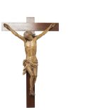 Escuela española, s.XIX. Cristo crucificado. Escultura en madera tallada y policromada sobre cruz en