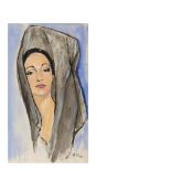 Alfredo Opisso (Barcelona, 1907-1980) Mujer con mantilla. Técnica mixta sobre papel. Firmado. 43 x