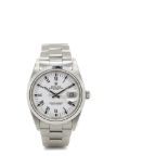 Reloj Rolex Oyster Perpetual Date de pulsera para caballero. En acero. Bisel liso y esfera blanca