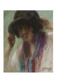 Julio Borrell (Barcelona, 1877-1957) Muchacha con sombrero. Pastel sobre papel. Firmado y fechado en