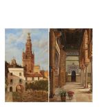 Enrique Roldán (España, XIX-XX) La Giralda y Patio del Alcázar. Pareja de óleos sobre tabla.