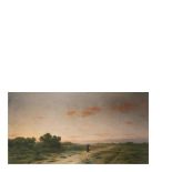 Modest Urgell (Barcelona, 1839-1919) Paisaje al atardecer con figura. Óleo sobre tela. Firmado.