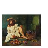 Josep Serrasanta (Buenos Aires, 1916-Valldoreix, 1998) Muchacha con frutas. Óleo sobre tela.