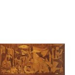 Plafón con representación del Guernica de Picasso en marquetería de maderas contrastadas. Placa