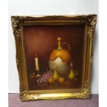 Gilt framed oil on canvas of still life, signed W Lewis