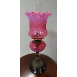 Cranberry glass colour oil lamp and shade