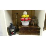 Assorted odd lot  (wooden box, ornament, 2x lamps and candlestick)