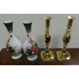 Pair of brass candle sticks and pair of vases