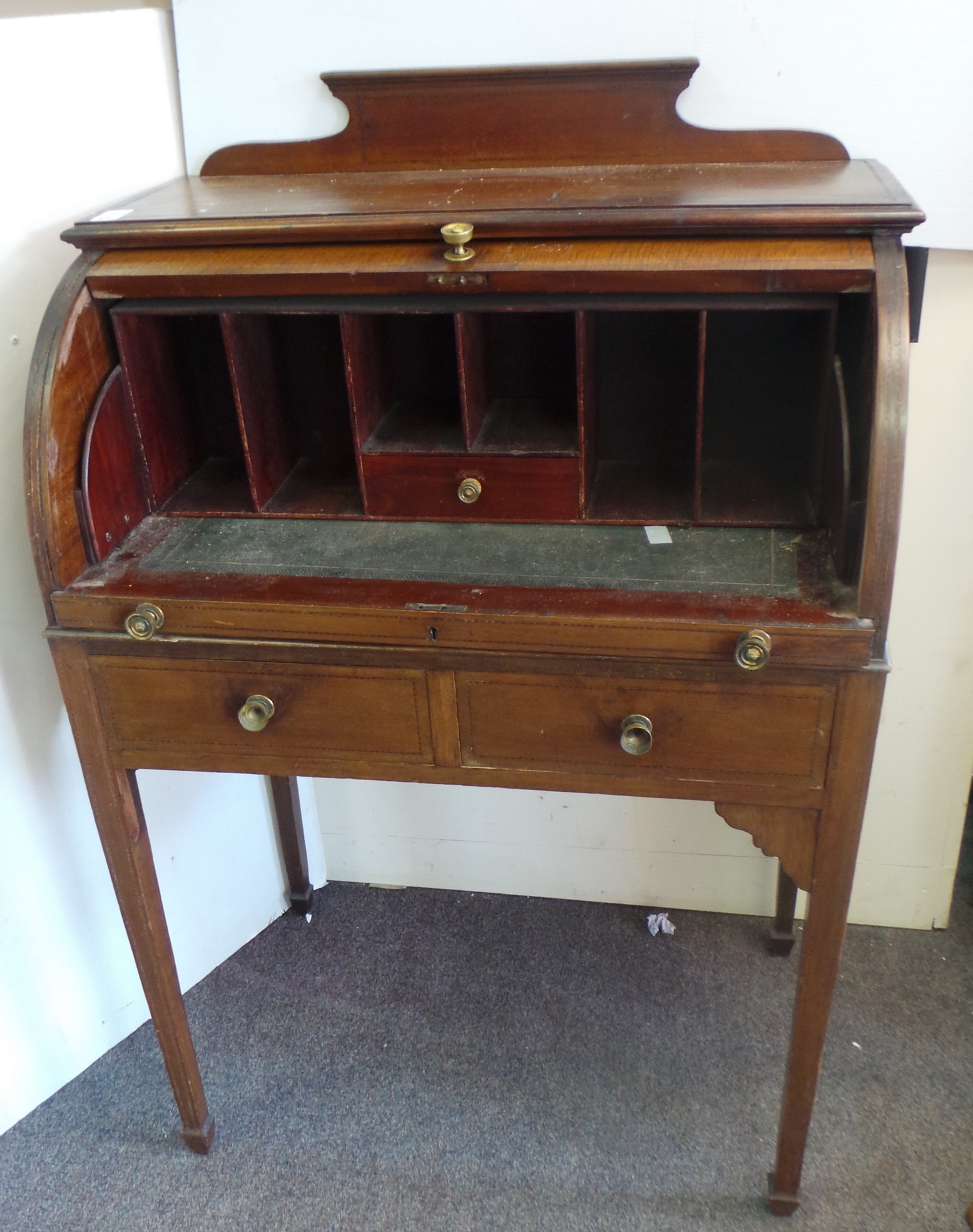 Inlaid mahogany cylinder top writing bureau