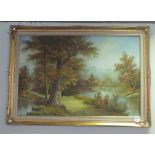 Gilt framed oil on canvas woodland river scene, signed