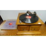 Oak case gramophone and records