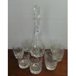 Cut glass decanter with 5x matching tumblers and 2x whiskey glasses