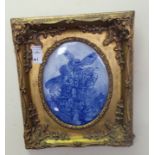 Gilt framed blue and white wall plaque, fairies