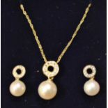 Silver gilt pearl ear rings with matching pendant