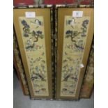 Pair of Chinese silk embroidered floral and bird sleeve panels in rectangular gilt bamboo effect