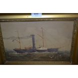 Two framed oils, study of a paddle steamer, indistinctly signed and study of a three masted ship at