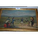 19th / 20th Century English school, oil on canvas applied to board, figures engaged in a duel,