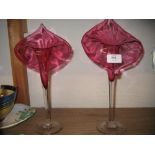 Pair of 19th Century cranberry glass Jack in the Pulpit vases