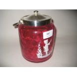 Mary Gregory style cranberry style biscuit barrel with plated mounts