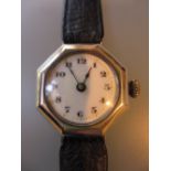 Ladies hexagonal silver wristwatch with leather strap